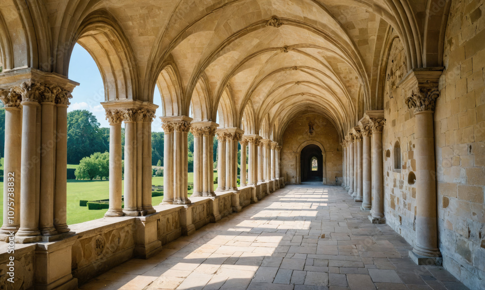 A long, arched hallway in an old building, with sunlight streaming in through the windows