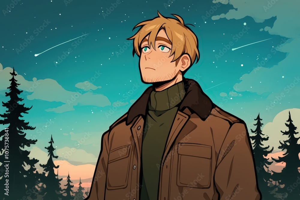 Anime-style illustration of a handsome, rugged blonde man with wide cheekbones and European features, standing in a snowy forest under the northern lights.. Anime-style illustration of a handsome, rugged blonde man with wide cheekbones and European features, standing in a snowy forest under the northern lights..