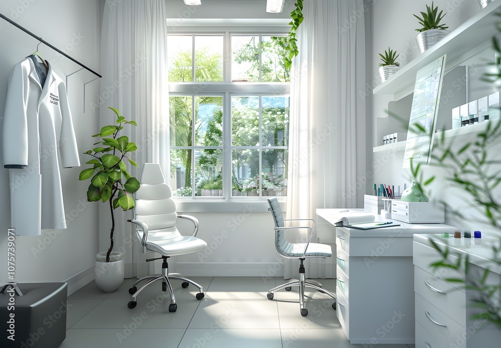 A bright, modern office space with a desk, chair, and plants, ideal for consultations. A bright, modern office space with a desk, chair, and plants, ideal for consultations.
