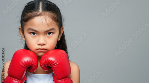 Young girl in red boxing gloves poses confidently, showcasing her dedication to sport and selfimprovement on a gray backdrop. photo