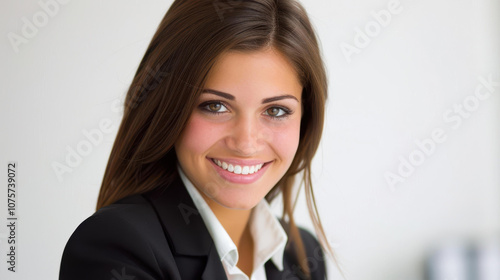 Confident young woman in office attire smiles while holding a notebook, ready to take notes and succeed.