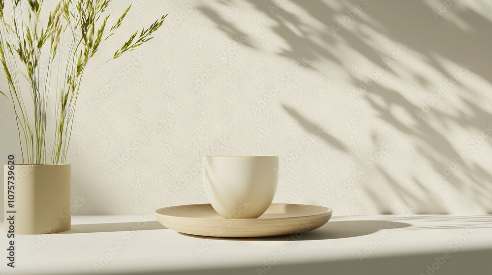 A pair of white vases rest atop a table, alongside a plate and a vase filled with foliage A pair of white vases rest atop a table, alongside a plate and a vase filled with foliage