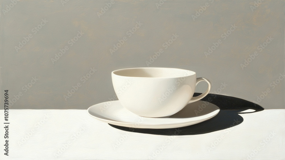 A white cup and saucer sit atop a white tablecloth, casting a shadow onto the plate below A white cup and saucer sit atop a white tablecloth, casting a shadow onto the plate below