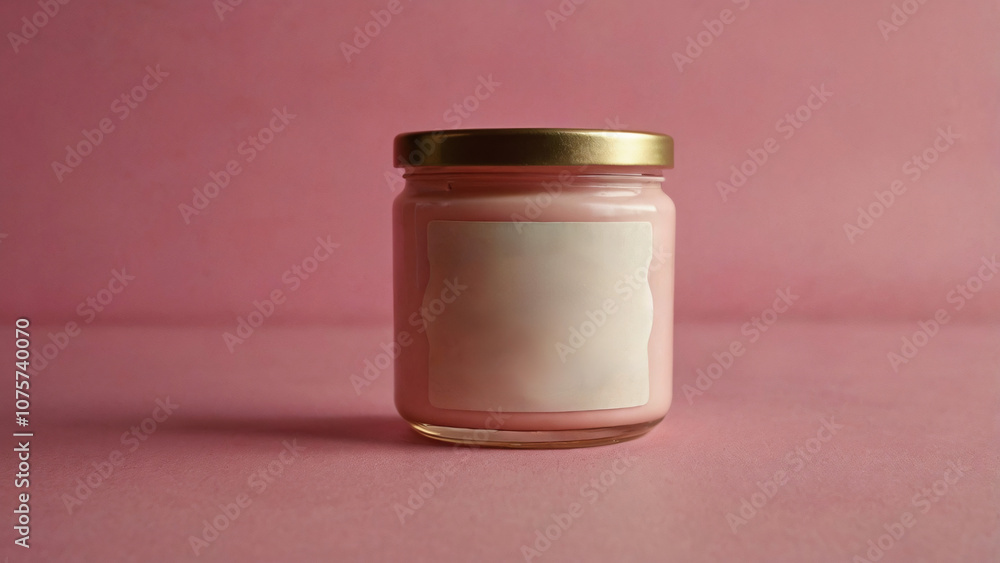 Minimalistic Jar on Pink Background. Small glass jar with a blank white label and white lid placed against a pastel pink background, ideal for branding mockups.
Minimalistic Jar on Pink Background. Small glass jar with a blank white label and white lid placed against a pastel pink background, ideal for branding mockups.