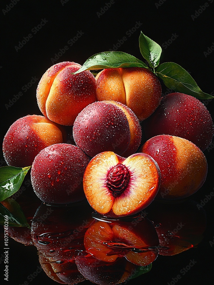 A bountiful array of succulent peaches positioned atop a crystalline table, adorned with glistening water droplets A bountiful array of succulent peaches positioned atop a crystalline table, adorned with glistening water droplets