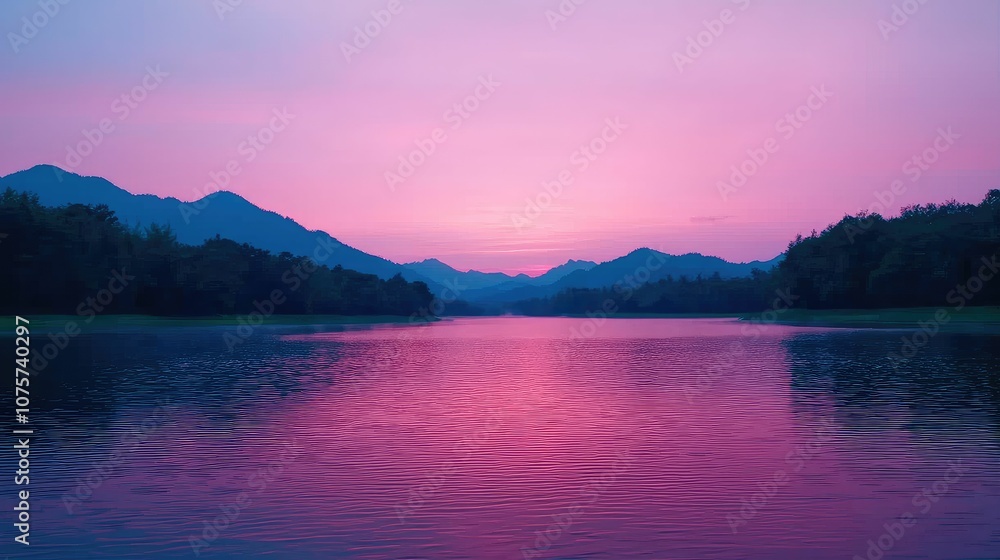 Fototapeta premium A serene lake at sunset, reflecting vibrant purple and pink hues, surrounded by mountains and lush greenery.