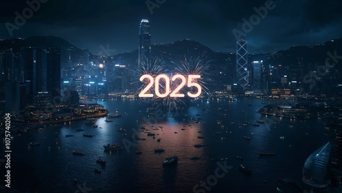 A breathtaking view of Hong Kong's skyline illuminated by vibrant fireworks, celebrating the turn of the year as the stunning lights reflect across the serene water in 2025. photo