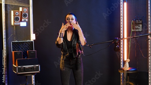 Fierce bold superstar blowing air kisses and acting playful in musical studio, being flirty with audience at nightclub. Popular iconic artist in leather jacket loving the support from fans. Camera B.