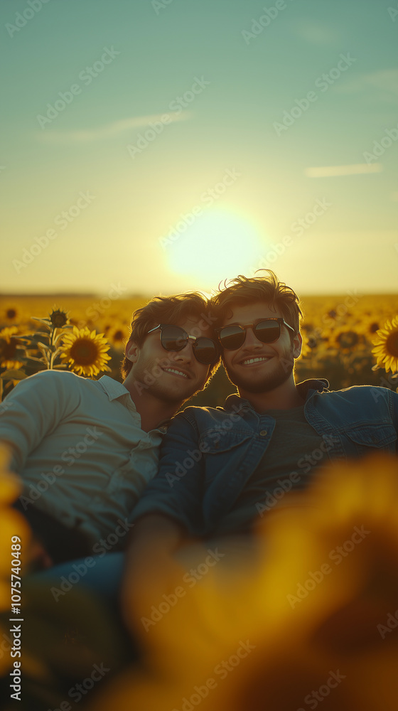 portrait of a gay couple in love in a sunflower field at sunset with sunglasses sharing their love