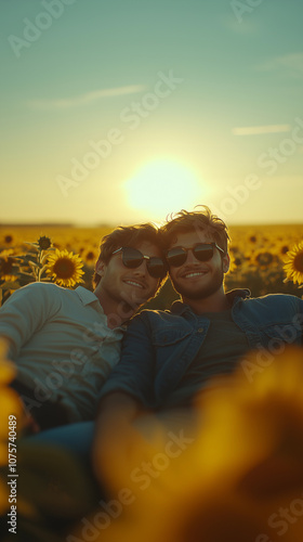 Obraz na płótnie portrait of a gay couple in love in a sunflower field at sunset with sunglasses sharing their love w salonie