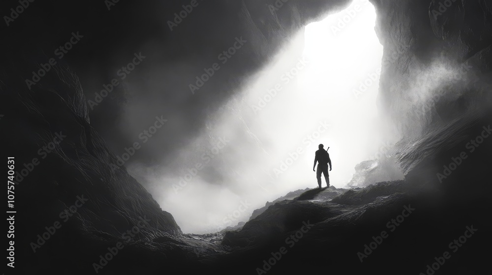 Fototapeta premium A lone figure stands silhouetted at the mouth of a cave, looking out towards a bright, white light. 