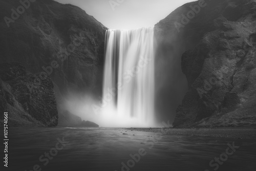 Majestic black and white waterfall in Iceland's rugged landscape
