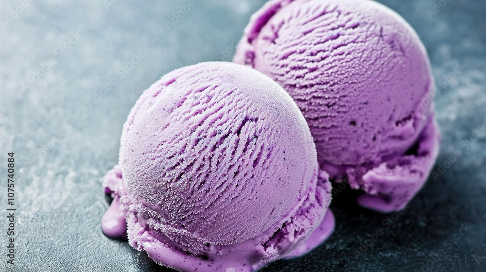 A pair of scoops of ice cream atop a dark surface with a lilac icing drizzle A pair of scoops of ice cream atop a dark surface with a lilac icing drizzle
