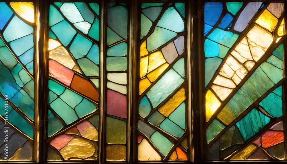 Close-up of a vibrant stained glass window panel with rich teal, yellow, and orange hues forming abstract patterns illuminated by soft ambient light indoors Close-up of a vibrant stained glass window panel with rich teal, yellow, and orange hues forming abstract patterns illuminated by soft ambient light indoors