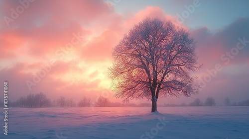  A solitary tree stands in a snow-covered field at dusk with a cloudy sky in the background