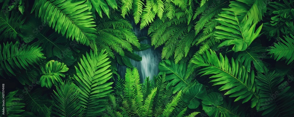 Fototapeta premium A lush green scene featuring ferns surrounding a serene waterfall, creating a tranquil and vibrant natural landscape.