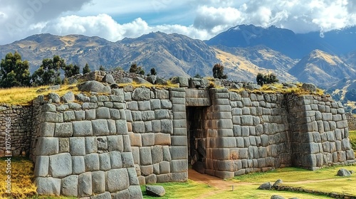 Remains of ancient megalithic complex with huge, massive stones, beautiful landscape with mountains at the background
