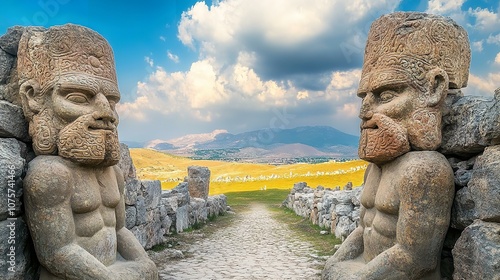 The giant statues of gods at Hattusa, the ruins of ancient Hittite capital. Beautiful landscape with mountains at background  photo