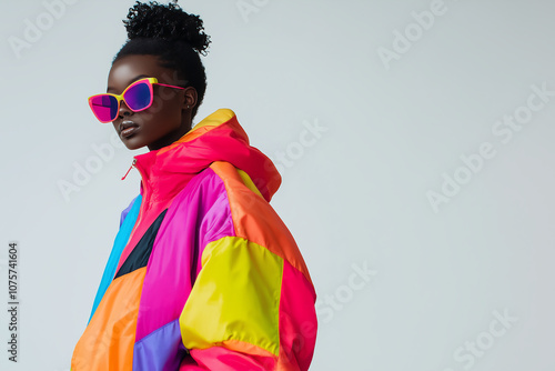 Vibrant color blocking fashion featuring model in stylish oversized jacket and trendy sunglasses, exuding confidence and modern style