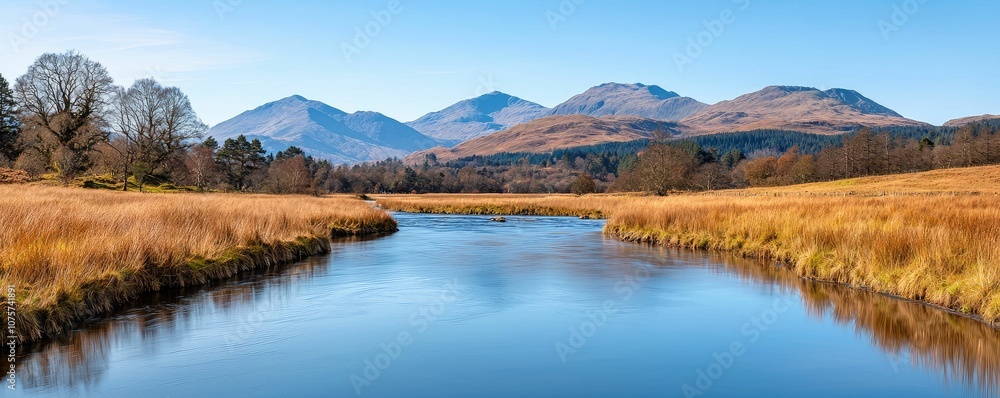 A serene river flows through a golden meadow, framed by mountains under a clear blue sky, capturing a tranquil natural landscape. A serene river flows through a golden meadow, framed by mountains under a clear blue sky, capturing a tranquil natural landscape.