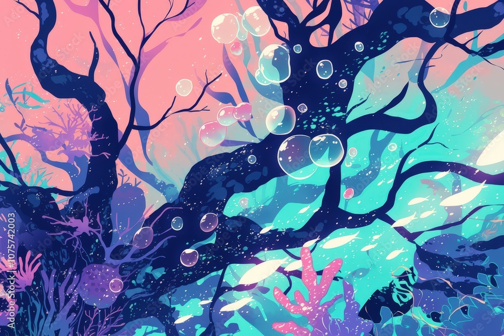 Oceanic and calming comic-style background in deep violet and teal, featuring underwater bubbles and abstract coral shapes for a tranquil, sea-inspired design..