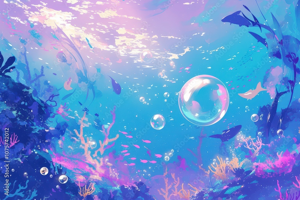 Oceanic and calming comic-style background in deep violet and teal, featuring underwater bubbles and abstract coral shapes for a tranquil, sea-inspired design..