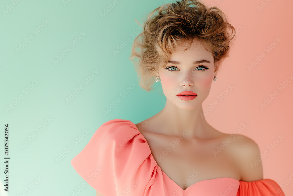 model in coral off shoulder dress with soft curls, showcasing elegance and beauty against pastel background. Her expression is serene and captivating model in coral off shoulder dress with soft curls, showcasing elegance and beauty against pastel background. Her expression is serene and captivating