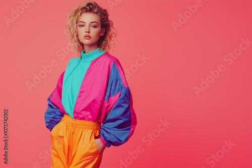stylish woman in vibrant 80s inspired sportswear, featuring colorful jacket and bright pants, poses confidently against pink background