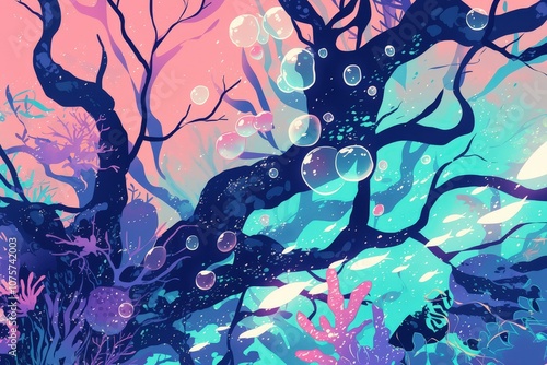 Obraz na płótnie Oceanic and calming comic-style background in deep violet and teal, featuring underwater bubbles and abstract coral shapes for a tranquil, sea-inspired design.. w salonie