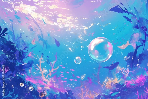 Obraz na płótnie Oceanic and calming comic-style background in deep violet and teal, featuring underwater bubbles and abstract coral shapes for a tranquil, sea-inspired design.. w salonie