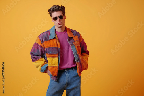 man in colorful casual jacket poses confidently against vibrant yellow background, showcasing stylish 80s inspired look with sunglasses