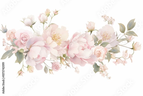 Wallpaper Mural Romantic watercolor-style border featuring soft pink peonies and light green leaves, creating a delicate and airy look for elegant, feminine designs.. Torontodigital.ca