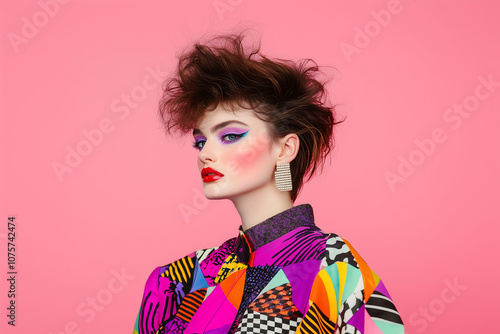 vibrant portrait of model showcasing bold 80s high fashion with colorful patterns, dramatic makeup, and striking hairstyle against pink background