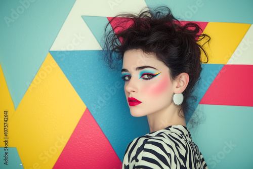 striking portrait of model with bold makeup and retro pop style, featuring vibrant colors and geometric patterns in background. model expressive look captures essence of vintage fashion