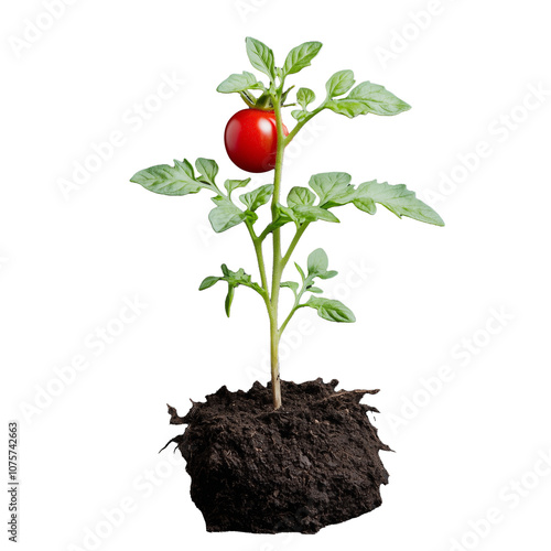 Tomato plant with single tomato on transparent background