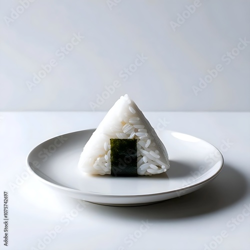 Minimalist Onigiri on Plain White Plate and Background photo