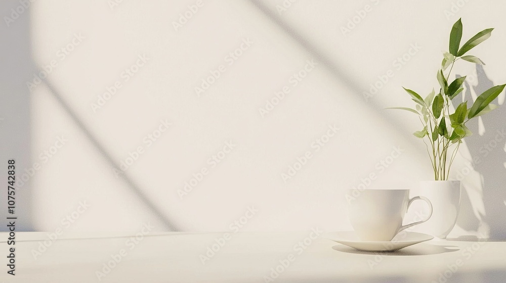 A white cup and saucer hold a green plant, resting on a table in front of a white wall A white cup and saucer hold a green plant, resting on a table in front of a white wall
