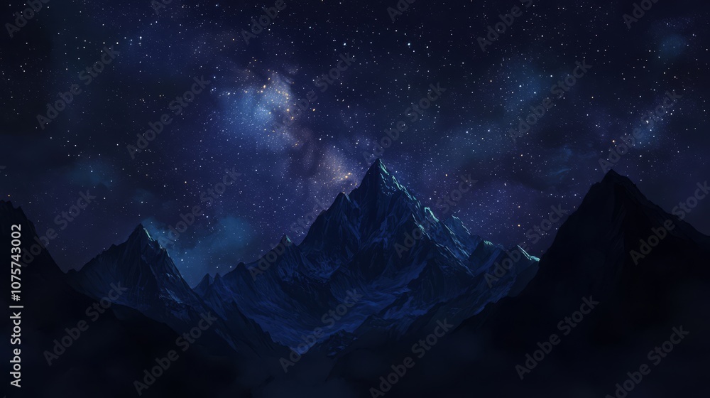 A majestic mountain range silhouetted against a backdrop of a vibrant night sky dotted with countless stars. A majestic mountain range silhouetted against a backdrop of a vibrant night sky dotted with countless stars.