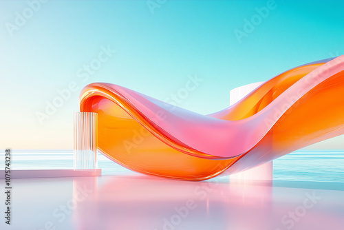 An innovative architectural design featuring a flowing orange and pink structure against a tranquil blue ocean backdrop photo