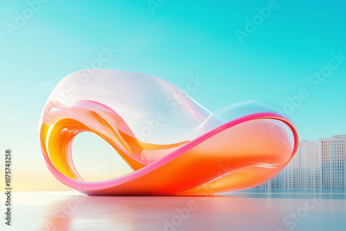 A colorful abstract sculpture rests on a sunny outdoor terrace against a bright blue sky