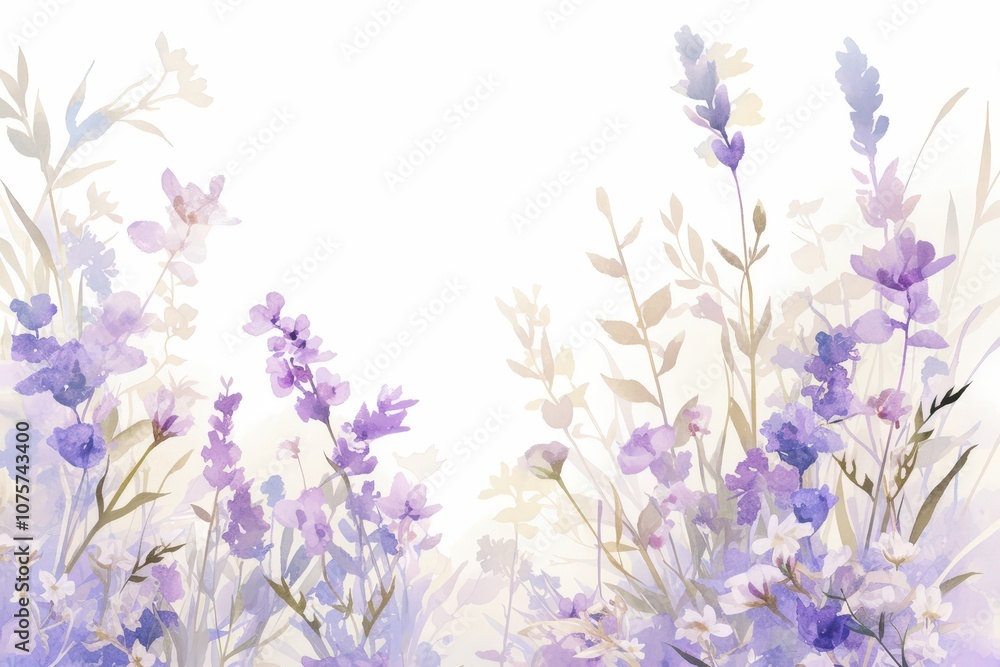Fototapeta premium Gentle watercolor-style border featuring lavender flowers in soft purple tones with green leaves, perfect for delicate and natural-themed designs..