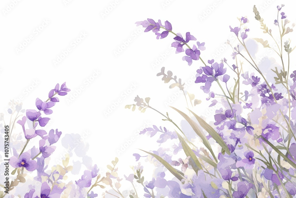 Fototapeta premium Gentle watercolor-style border featuring lavender flowers in soft purple tones with green leaves, perfect for delicate and natural-themed designs..