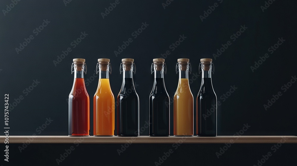 A row of condiments sits atop a shelf, showcasing various sauce options A row of condiments sits atop a shelf, showcasing various sauce options