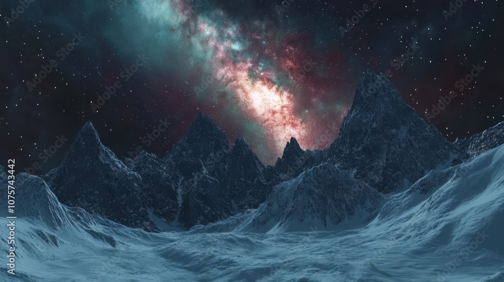 Fototapeta premium A mountain range silhouetted against a vibrant, colorful night sky filled with stars and nebulae.