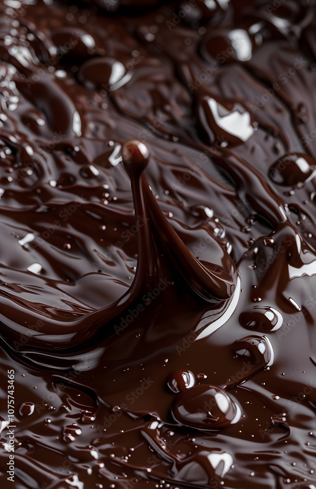 A close-up of rich, melted chocolate with glossy textures and droplets. A close-up of rich, melted chocolate with glossy textures and droplets.