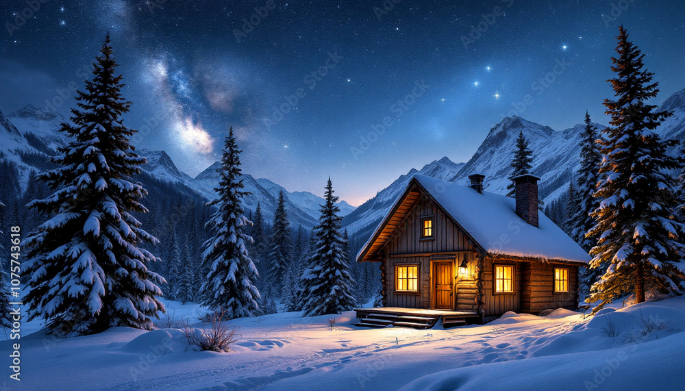 Tranquil desktop wallpaper of a snowy mountain cabin beneath a clear, starry winter sky, with snow-covered pines and warm, glowing windows creating a cozy nighttime retreat Tranquil desktop wallpaper of a snowy mountain cabin beneath a clear, starry winter sky, with snow-covered pines and warm, glowing windows creating a cozy nighttime retreat