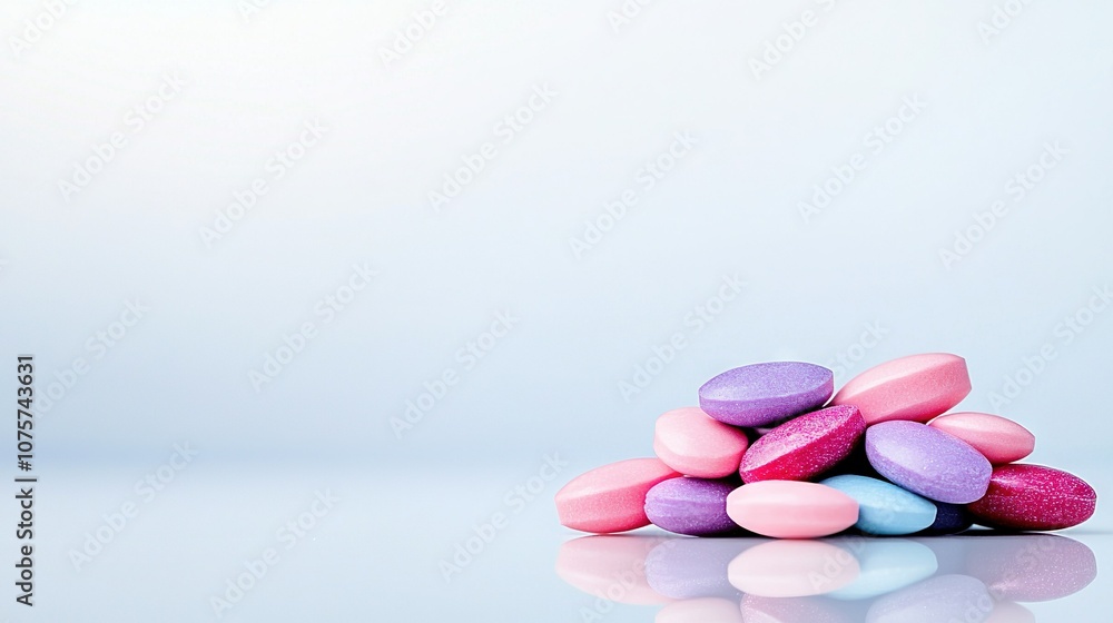 A white table holds colorful candy hearts The wall is blue with reflections on the floor A white table holds colorful candy hearts The wall is blue with reflections on the floor