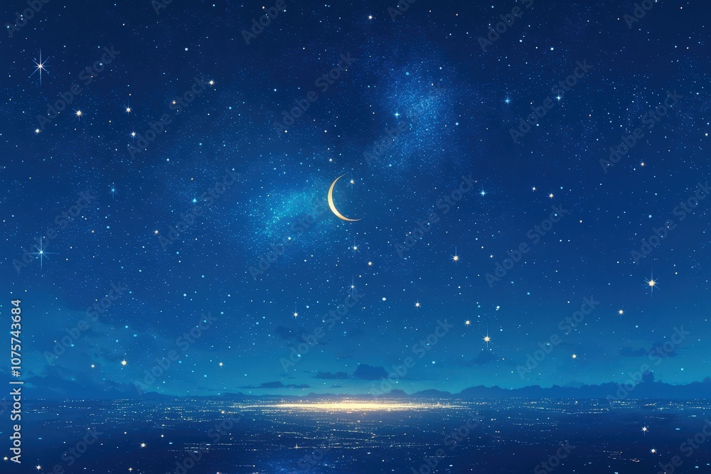 Fototapeta premium Calm and serene comic-style background in midnight blue featuring tiny stars and a glowing crescent moon, perfect for night sky or dream-themed designs..