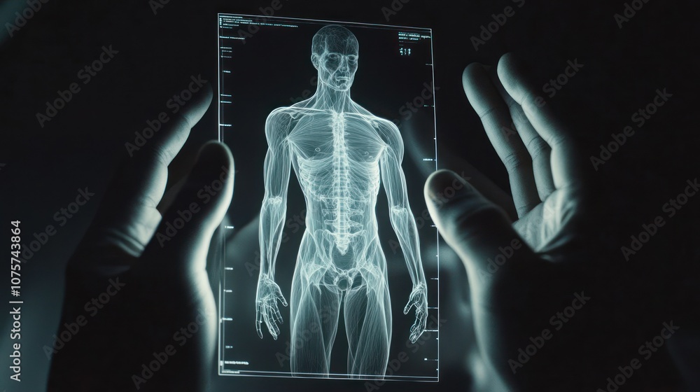 A human anatomy illustration displayed on a transparent screen held by hands. A human anatomy illustration displayed on a transparent screen held by hands.