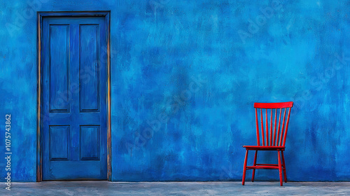   A red chair sits before a blue wall, facing a blue door Another red chair is positioned in front of the first one